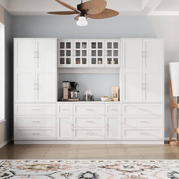 White Wood 110.2 in. W Pantry Cabinet with Glass Doors, 11 Drawers for Kitchen or Dining Room Storage