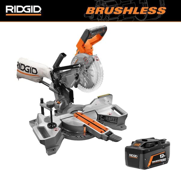 RIDGID 18V Brushless Cordless 7-1/4 in. Dual Bevel Sliding Miter Saw with 12.0 Ah MAX Output EXP Lithium-Ion Battery