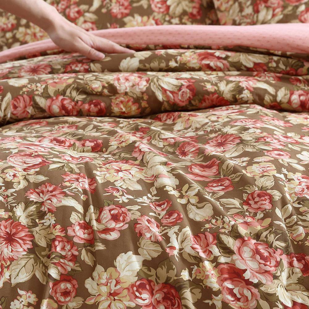Twin Brown Cotton Reversible Floral Comforter Set