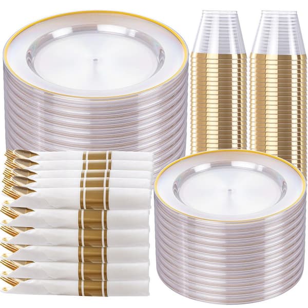 Clear Gold-Rim Disposable Dinnerware Set with Dinner Plates Dessert Plates Cups Napkins (Set of 350)