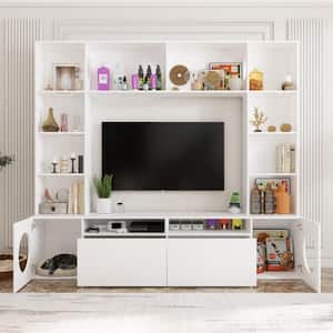 White Large Cat House Storage Cabinet, Cat Litter Box Enclosure, Wood Entertainment Center TV Console with Open Shelves