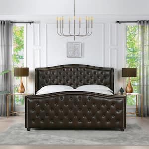 Marcella Upholstered Shelter Headboard Bed Set, King, Vintage Brown Faux Leather