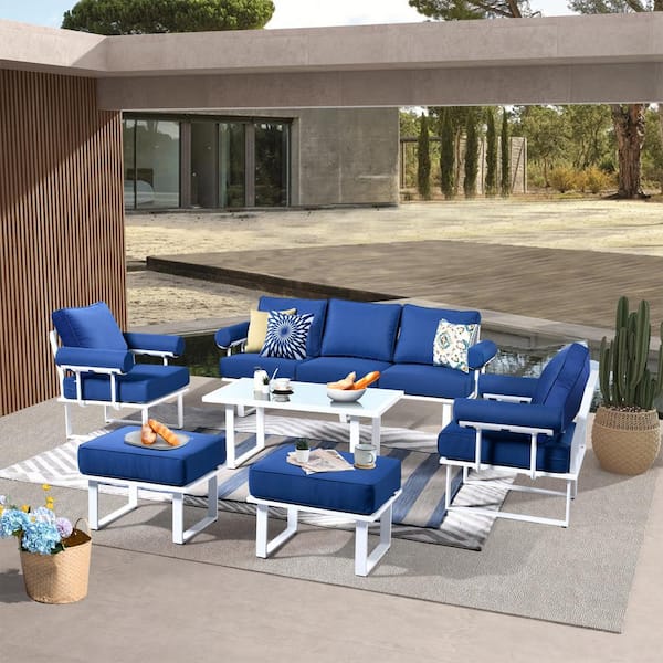 HOOOWOOO Teton Grand White 6-Piece Aluminum Outdoor Patio Conversation Sofa Set with Navy Blue Cushions