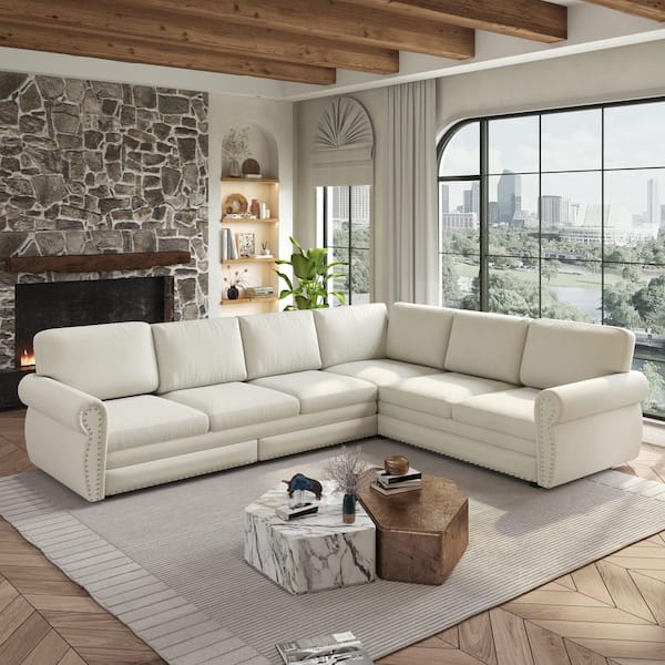 Louise 118 in. Rolled Arm Chenille Upholstered L-Shaped Sectional Sofa in. Beige with Pull-Out Bed, Nailhead Trim