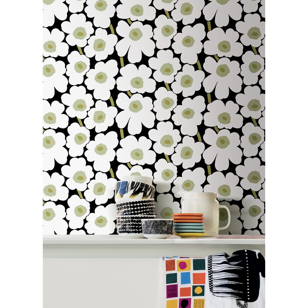 Black and White Vinyl Floral Peel and Stick Wallpaper Roll