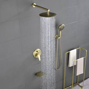 Ram 1-Handle 1-Spray 10 in. Wall Mount Rainfall Dual Shower Heads with Spout in Brushed Gold (Valve Included)