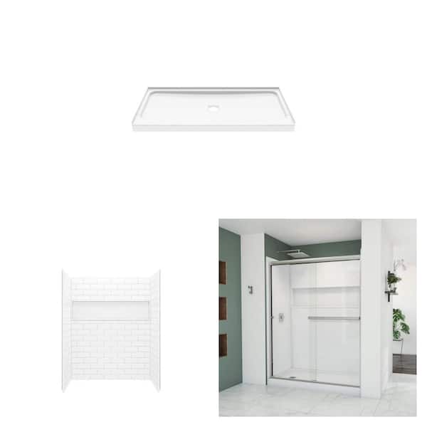 60 in. x 30 in. Shower Pan with Drain, 60 in. x 30 in. x 74 in. Subway Tile Wall Kit, and 56-60 in. Sliding Door
