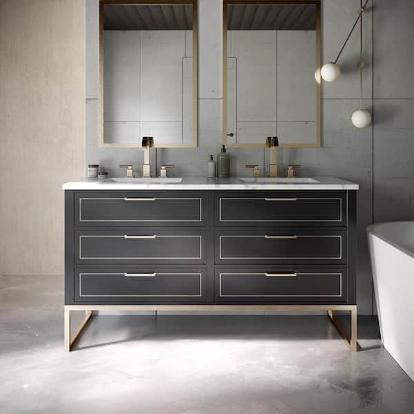 BEMMA Markham 60in. W x 22in. D x 34in. H Free-standing Double Bath Vanity in Black/Satin Brass with White Quartz top