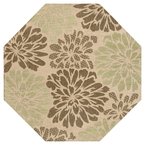 Zinnia Modern Floral Textured Weave Sage/Brown 5 ft. Octagon Indoor/Outdoor Area Rug