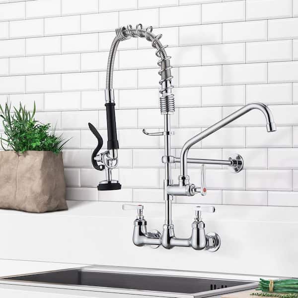 Commercial Triple Handles Wall Mount Standard Kitchen Faucet with Pre-Rinse Sprayer in Chrome