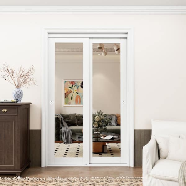 48 in. x 80 in. 1-Lite Mirror Glass White Finished MDF Interior Closet Sliding Door with Hardware and Handles
