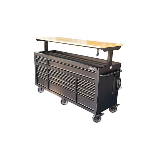 72 in. W x 24 in. D Heavy Duty 18-Drawer Mobile Workbench Cabinet with Adjustable-Height Hardwood Top in Matte Black