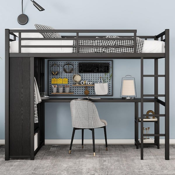 Black Twin XL Loft Bed with Desk and Storage Shelves, Heavy Duty Loft Bed Frame with Wardrobe, Hanging Rod, and Ladder
