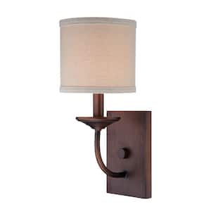 Rubbed Bronze Candle Sconce with Beige Linen Shade