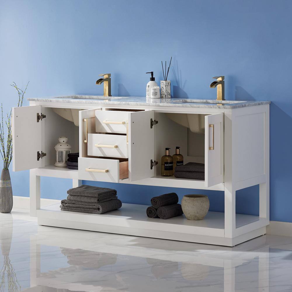 Remi 60" White Marble Double Vanity with Gold Hardware