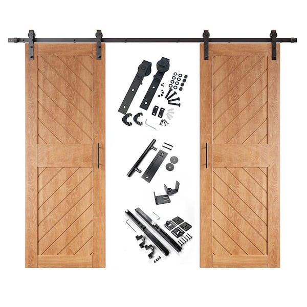 HOMACER XT4 30 in. x 84 in. C-Panel Early American Slanted Stripe Design Double Pine Wood Sliding Barn Door with Hardware Kit