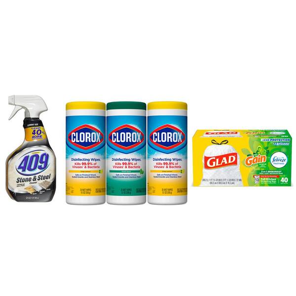 Clorox Keep Your Kitchen Clean with Disinfecting Bleach Free Wipes, 13 Gal. Trash Bags and Stone and Steel Cleaner