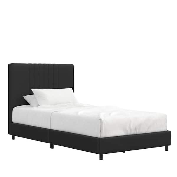 REALROOMS Rio Black Wooden Frame Twin Size Platform Bed with Upholstered Black Faux Leather Headboard