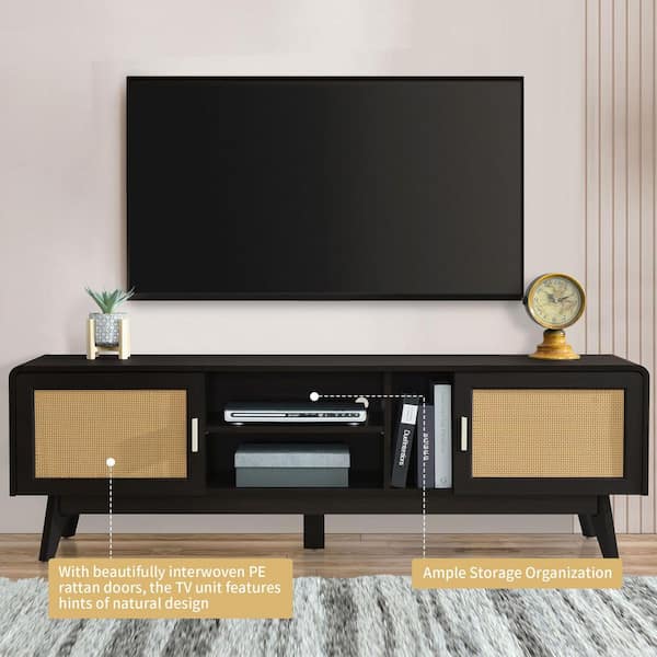 63 in. Dark Brown TV Stand with Cabinets Open Storage and Wood Legs Media Console Table Fits TV's up to 65 in.