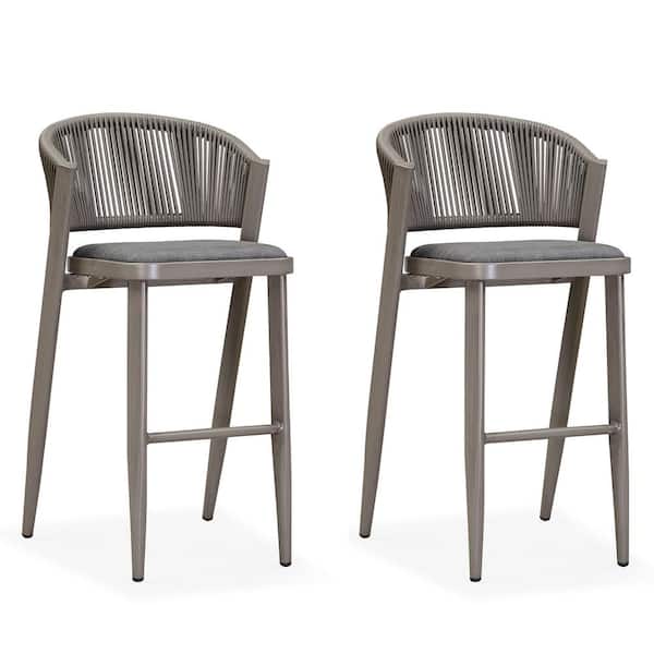 PURPLE LEAF Modern Aluminum Low Back Rattan Bar Height Outdoor Bar Stool with Backrest and Gray Cushion (2-Pack)