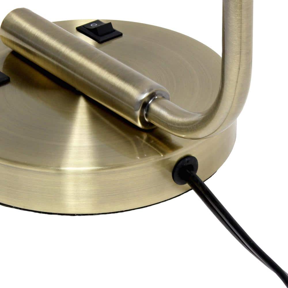 Antique Brass Curved Arm Desk Lamp with Clear Glass Shade