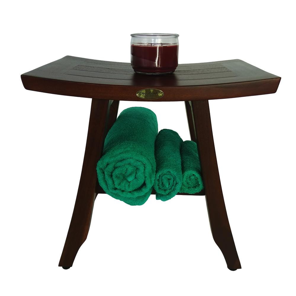 Compact Woodland Brown Teak Shower Bench with Storage Shelf