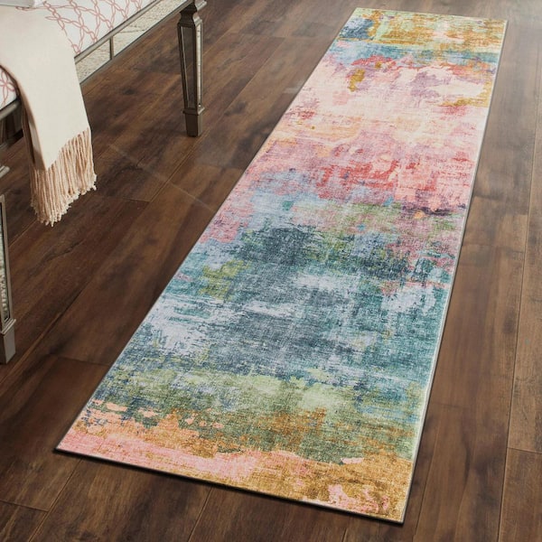 Contemporary Distressed Abstract Washable Non Slip Multi 2 ft. x 10 ft. Runner Rug