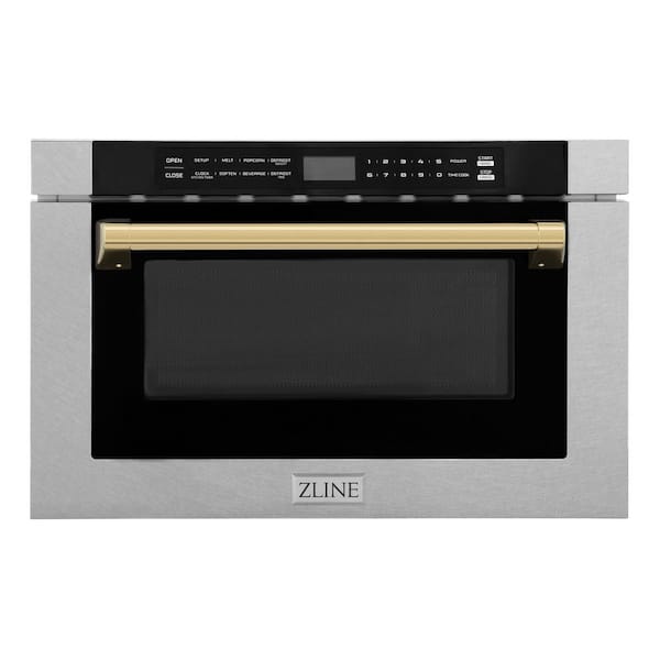 Autograph Edition 24 in. Microwave Drawer with Traditional Handle in Satin Stainless Steel and Polished Gold Accents