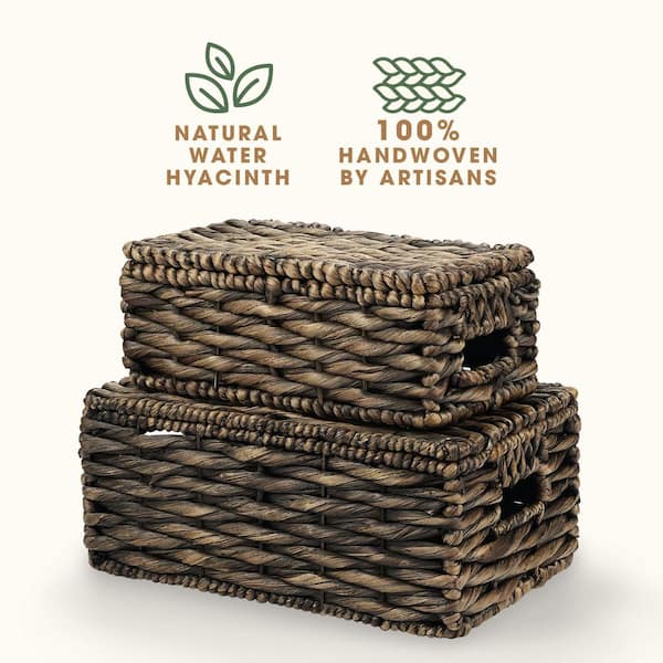 Set of 2 Black Wicker Baskets with Lid WK1696 - The Home Depot