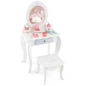 2-Piece MDF Top White Kids Vanity Set Makeup Table and Chair Sweet Accessories Included Storage Drawer