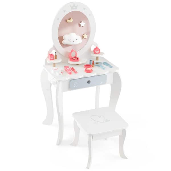 Costway 2-Piece MDF Top White Kids Vanity Set Makeup Table and Chair Sweet Accessories Included Storage Drawer