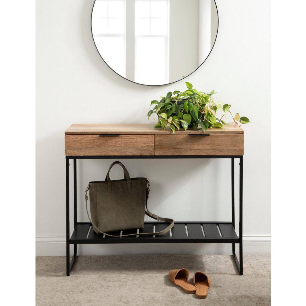 Natural Brown and Black Mango Wood Console Table with Metal Shelf