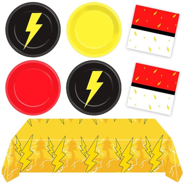 81-Piece Cartoon Lightning Theme Party Supplies Set with Paper Plates, Napkins and Tablecloth Red Black