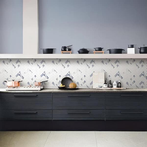 Veneto 4 in. x 5 in. Polished White with Blue-Gray Porcelain Herringbone Wall and Floor Tile Sample