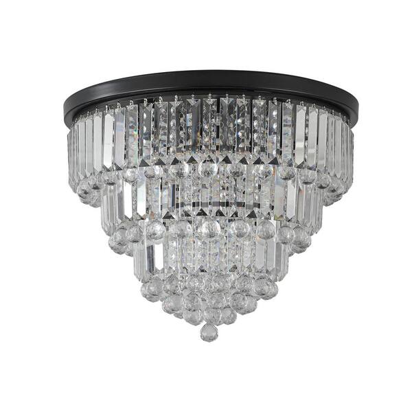 FIRHOT 19.7 in. 6-Light Modern Glam Matte Black Round 3-Tier Flush Mount Ceiling Light with Crystal