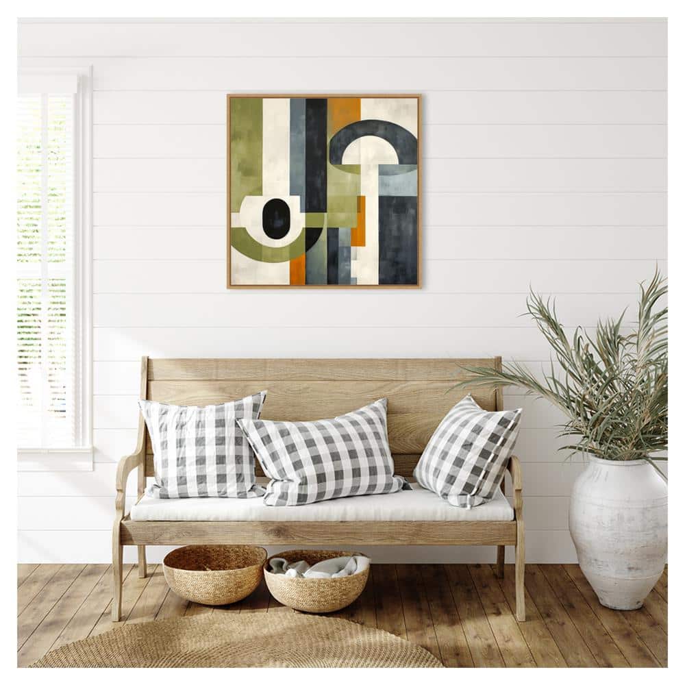 Sage Green and Orange Geometric Abstract Framed Canvas Wall Art 30"x30"