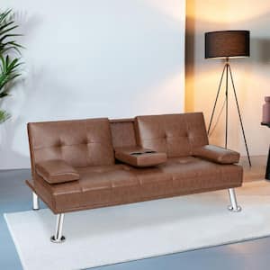 66 in. Coffee PU Leather Convertible Twin Sleeper Sofa Bed with 2-Cup Holders
