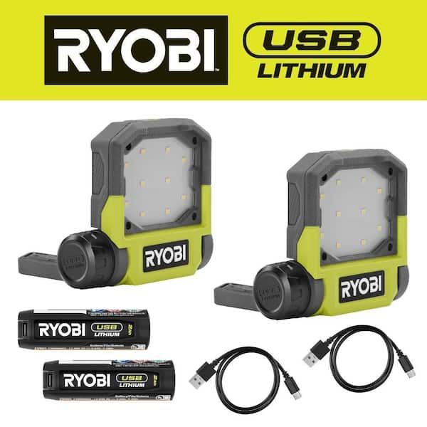 RYOBI 500 Lumens LED USB Lithium Pivoting Flip Light Kit 3-Mode with Battery and Charging Cable (2-Pack)