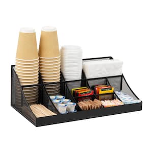 Cup and Condiment Station, Countertop Org, Coffee Bar, Kitchen, Metal Mesh, 17.85 in. L x 9.5 in. W x 6.625 in. H, Black