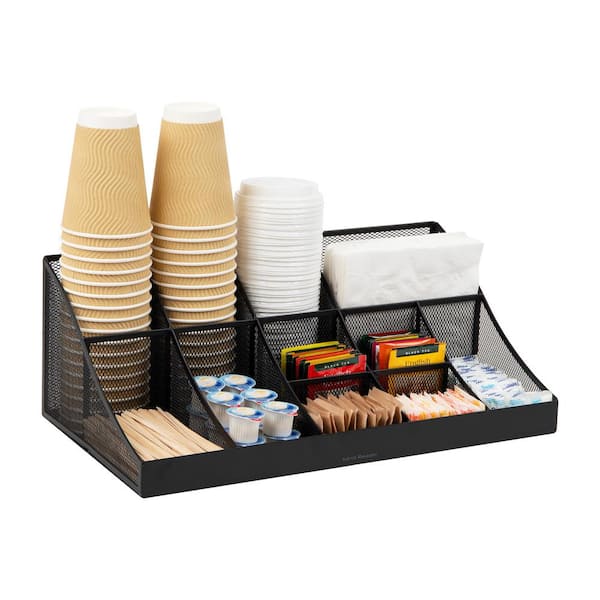 Cup and Condiment Station, Countertop Org, Coffee Bar, Kitchen, Metal Mesh, 17.85 in. L x 9.5 in. W x 6.625 in. H, Black