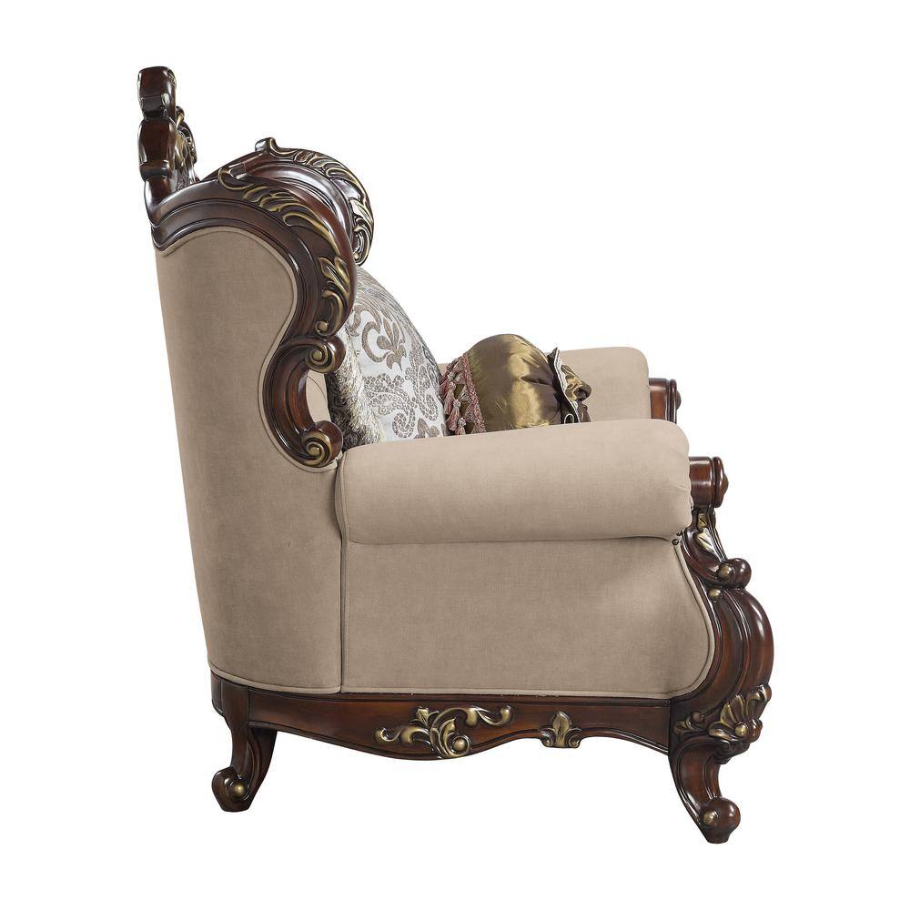 Light Brown Linen and Cherry Wood Floral Accent Chair