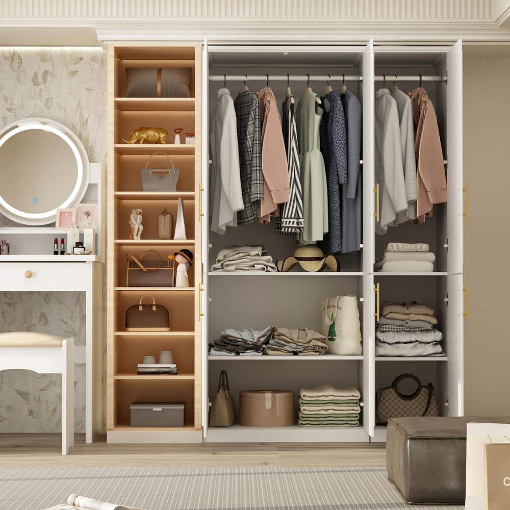2-Combination White Wood 47.4 in. W 6-Door Big Armoires with 2 Hanging Rods, Storage Shelves 74.8 in. H x 19.3 in. D - thumbnail 2