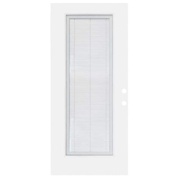 Legacy 28 in. x 80 in. Left-Handed Clear Glass Full Lite Micro Blind White Primed Fiberglass Front Door Slab