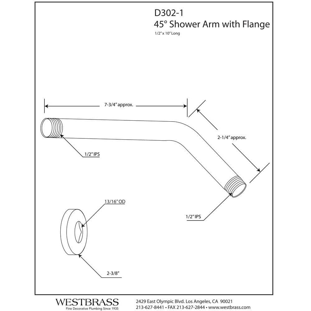 10" Polished Chrome Wall Mounted Shower Arm with Flange