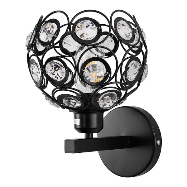 YANSUN 6.7 in. 1-Light Black Wall Sconce, with Crystal Dome Shade for Living Room Foyer