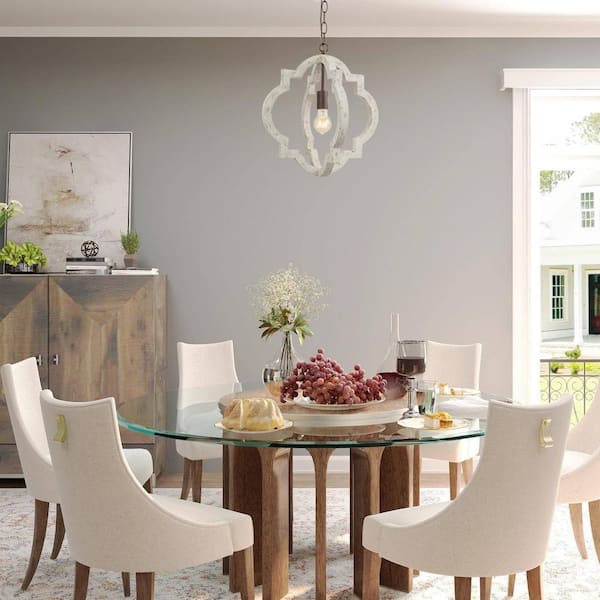 1-Light White Wood and Aged Iron Farmhouse Indoor Pendant Light Perfect for Kitchen, Dining Room and Living Room