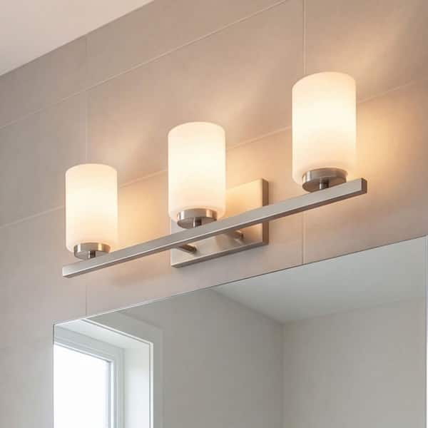 6.5 in. W x 8 in. H 3-Light Brushed Nickel Bathroom Vanity Light with White Glass Shades