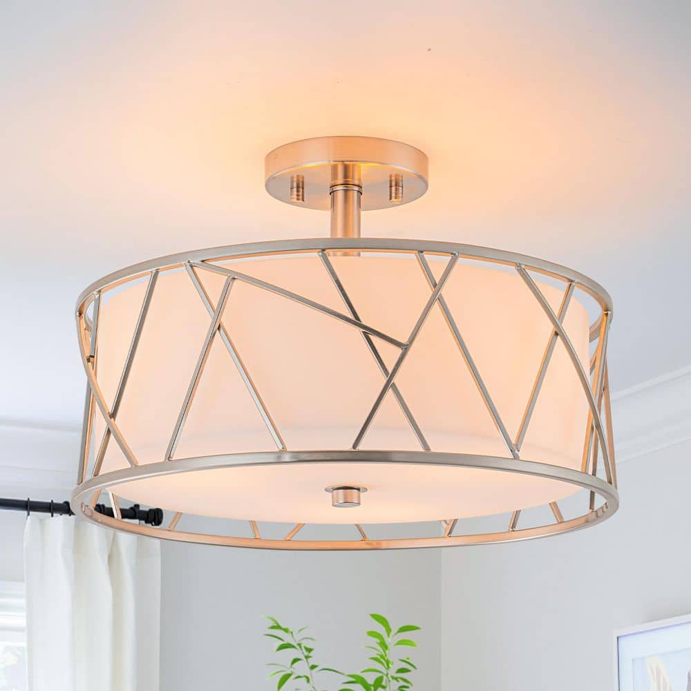 MENCOLULU Modern 15 in. 3-Light Small Brushed Nickel Metal Round Semi-Flush  Mount Ceiling Light with Drum White Glass Shade A076038 - The Home Depot, image size:1000x1000