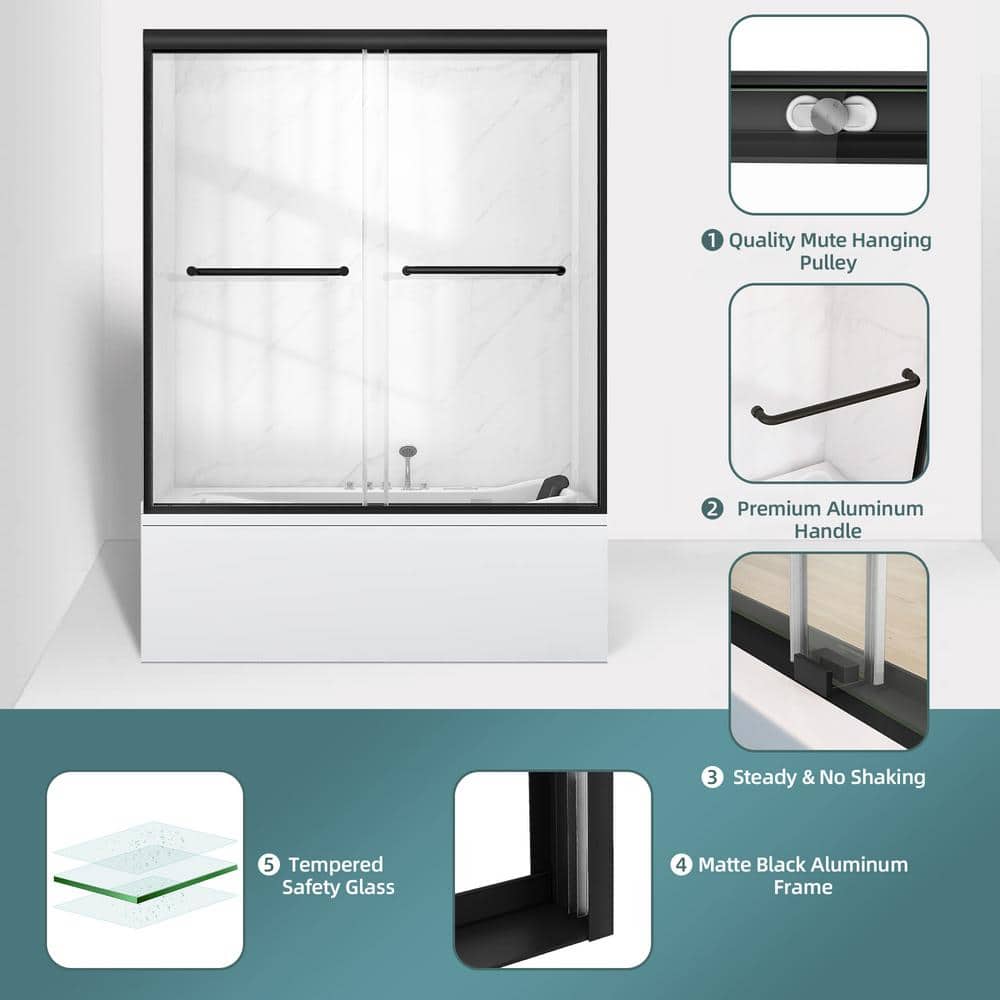 Black Aluminum and Tempered Glass Double Sliding Tub Door