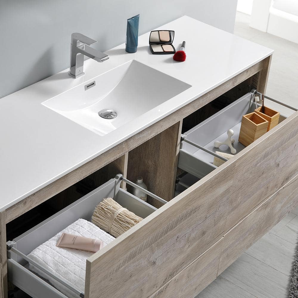 Transitional Wall-Mounted 59'' Solid Wood Off-White Vanity with Acrylic Top